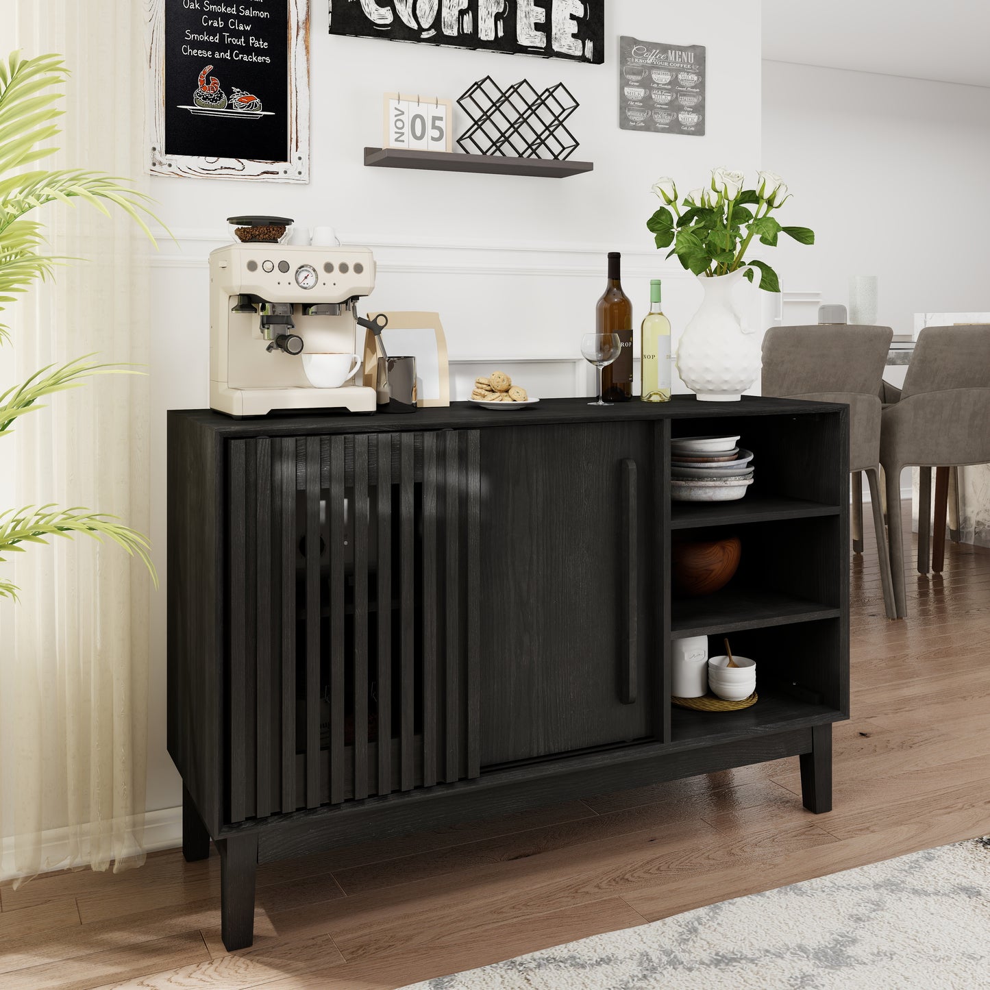 47.3  Sideboard Buffet Cabinet With Storage, Farmhouse Fluted Sideboard With 2 Doors & Solid Wood Feet, TV Media Console, Storage Cabinet For Kitchen Dining Living Room Entryway Hallway, Black
