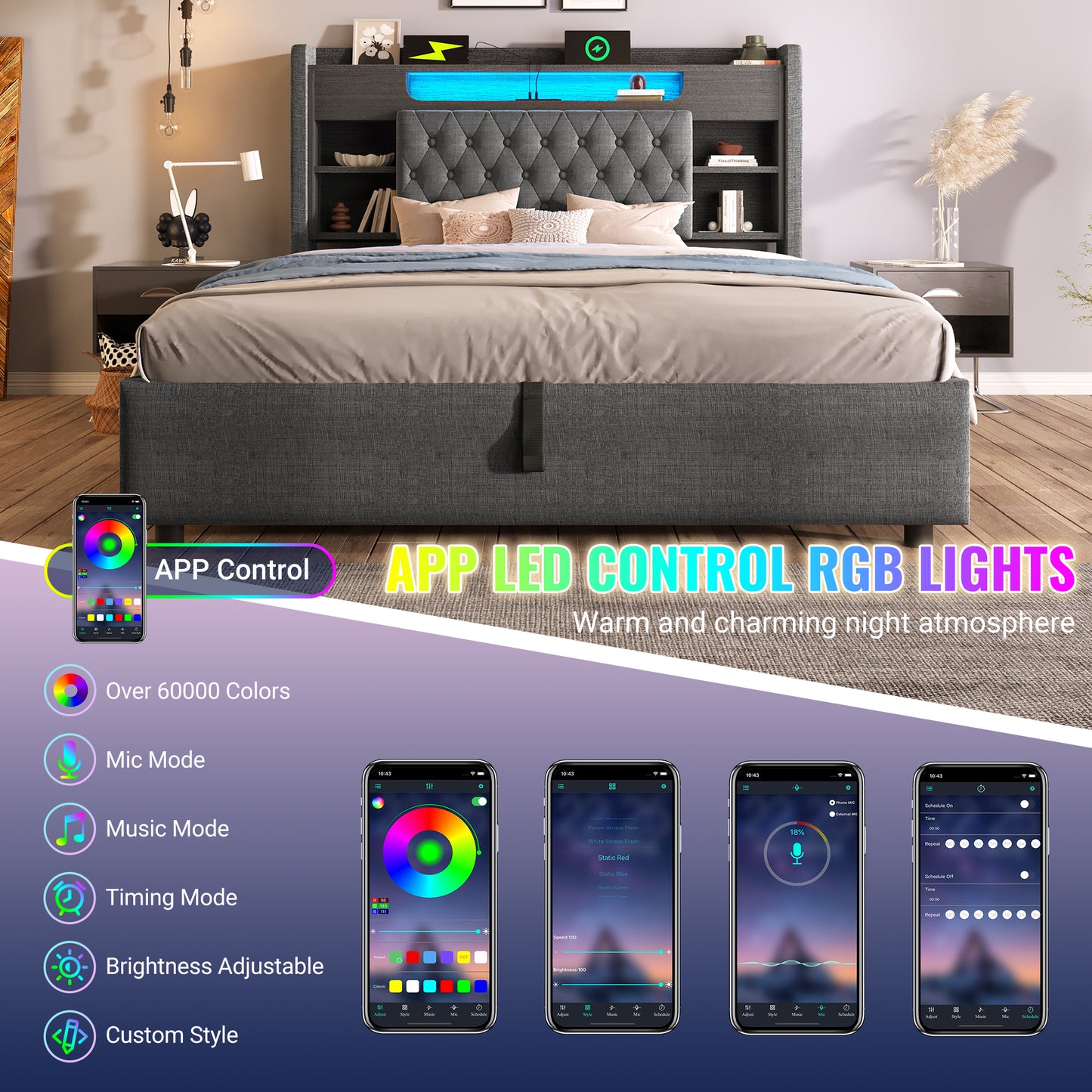 4ft6 Double Bed With Hydraulic Storage, Upholstered Bed Frame With LED Lighting & Charging Station, Storage Headboard For Cellphones & Tablets, 135 X 190 Cm, Linen, Grey  No Mattress