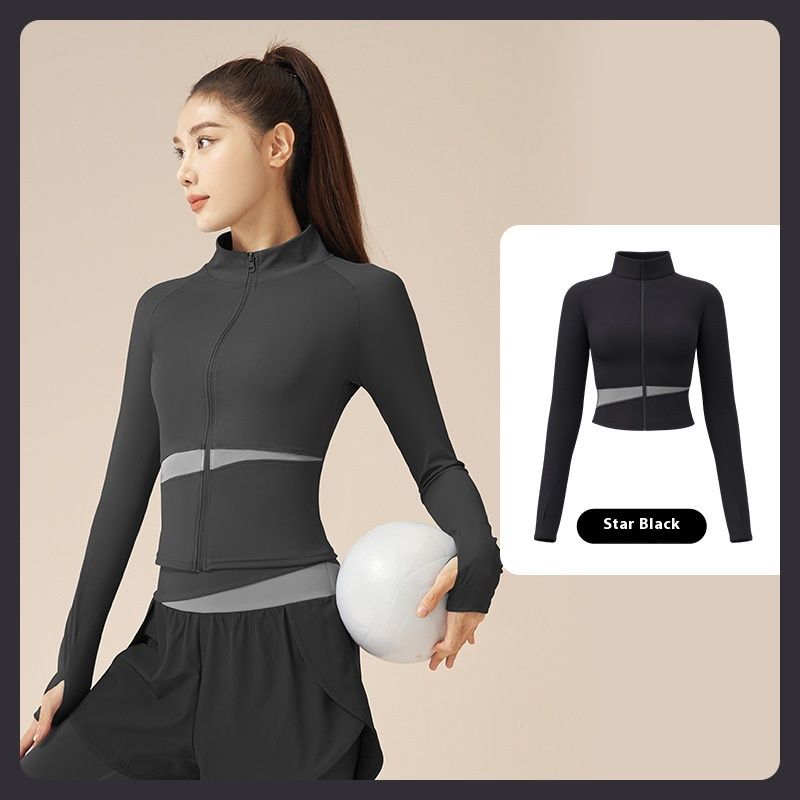 Peach Color Matching Sports Yoga Jacket Slim Stand Collar Workout Top