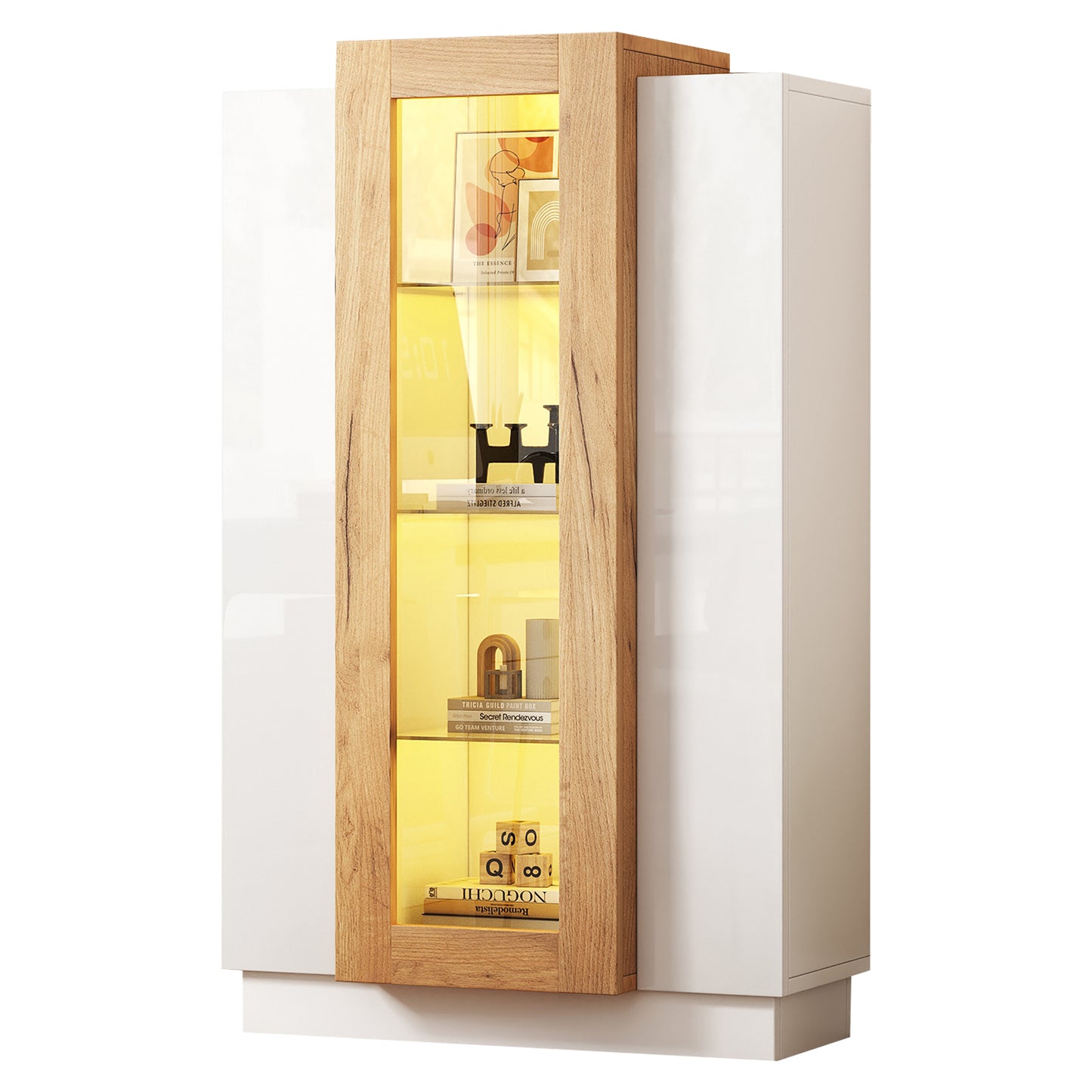 74 X 40 X 120 Cm Living Room Cabinet With 3 Doors, Transparent Doors, High-gloss Display Cabinet With LED Lighting, Bookcase With Glass Shelves And A Drawer, Freestanding Display Cabinet With A Height
