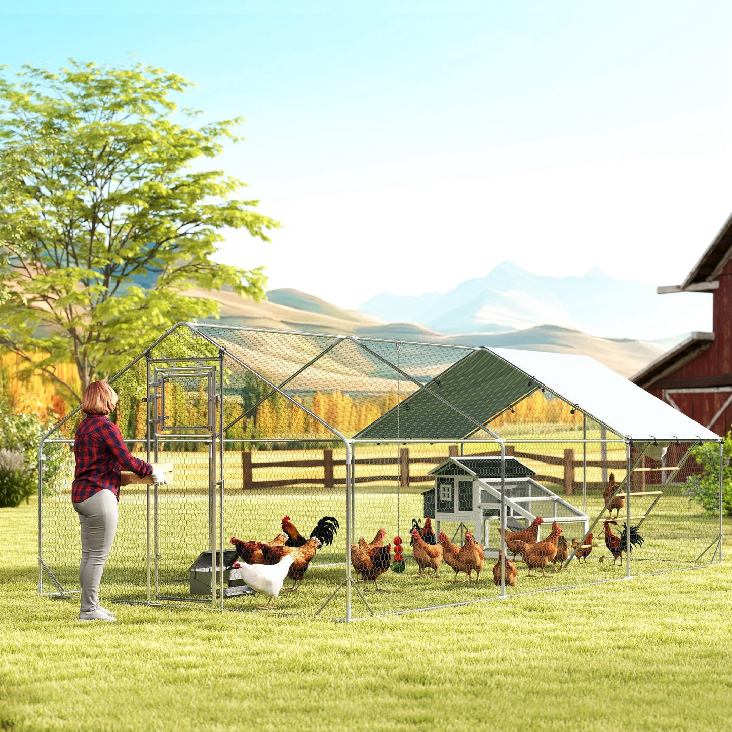 Metal Chicken Run w/ Waterproof & Anti-UV Cover, Feeding Door, Hanging Feeder, for 18-24 Chickens, 9.8 x 19.7 x 6.4