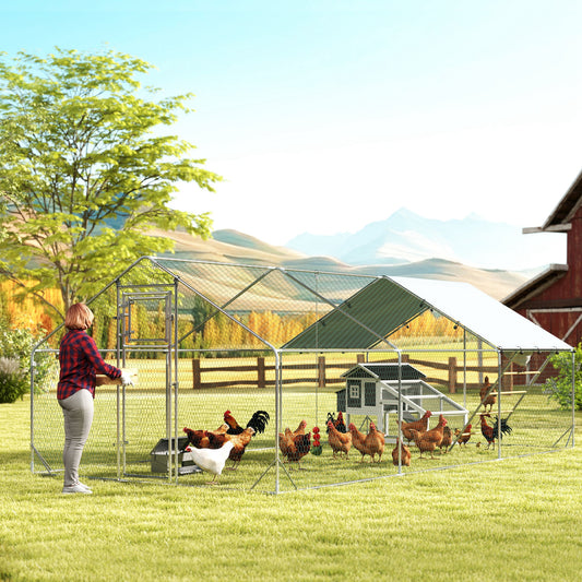 Metal Chicken Run w/ Waterproof & Anti-UV Cover, Feeding Door, Hanging Feeder, for 18-24 Chickens, 9.8 x 19.7 x 6.4
