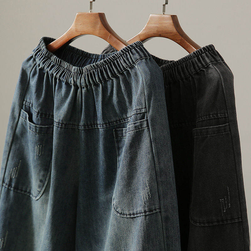 Plus-size Straight-leg Denim Cropped Pants Womens Korean-style Loose Fit