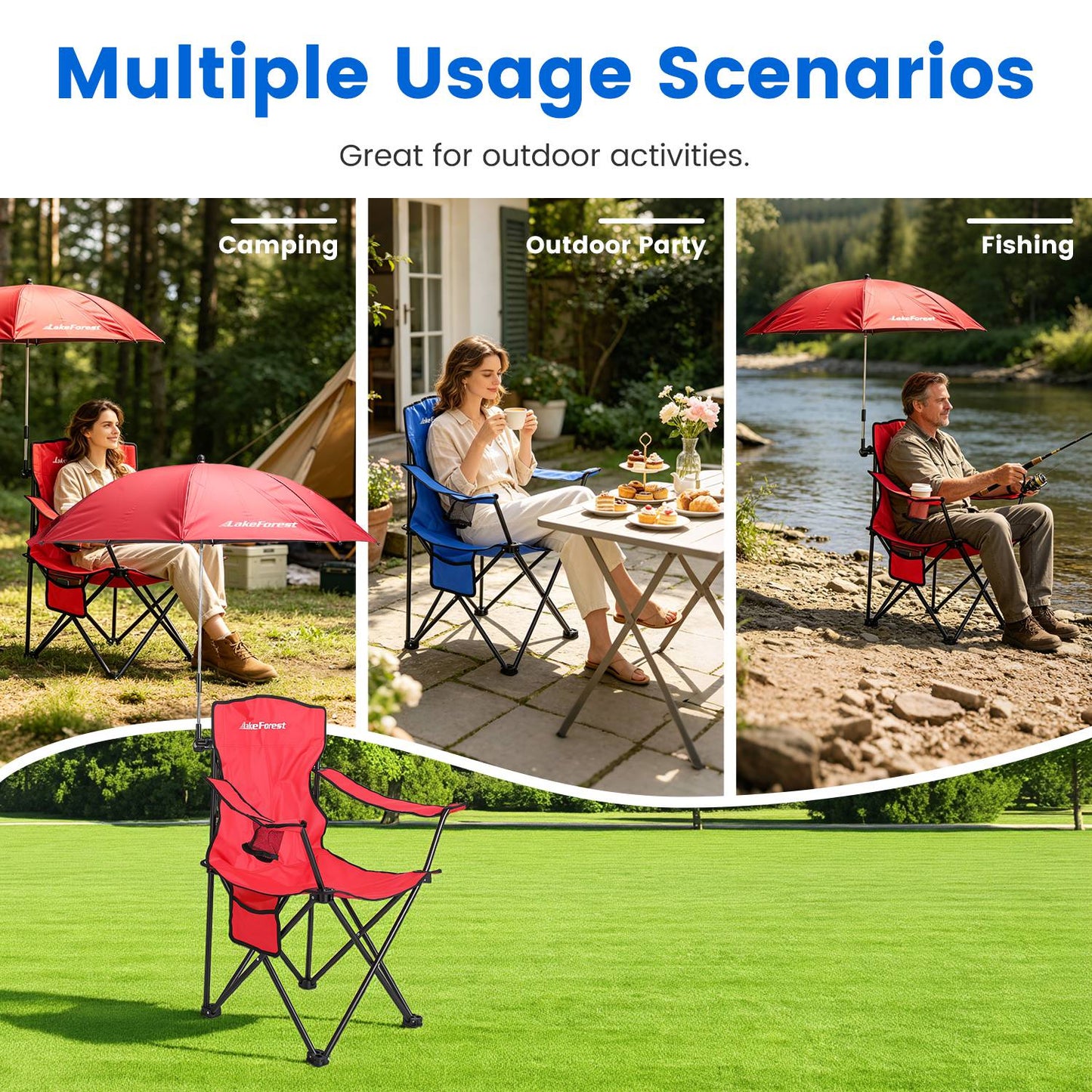 1Pc Camping Chair With Umbrella Lightweight Foldable Outdoor Chair With Cup Holder Detachable Sun Canopy Carrying Bag 330LBS Max Load For Beach Picnic Travel Concert Outdoor Activities