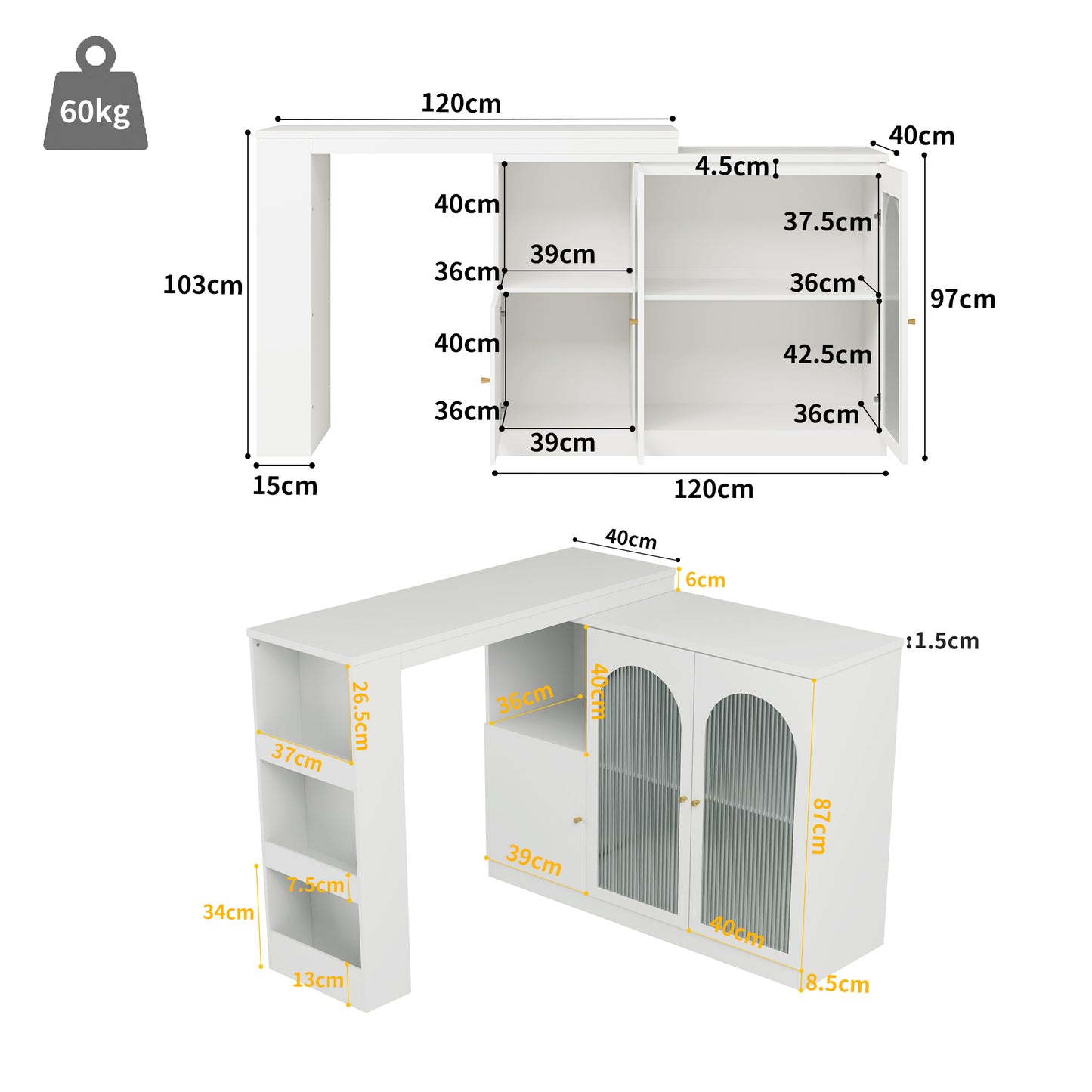 360 Rotatable Bar Table  Main Body 120 X 40 X 97 Cm , Modern And Simple White Rotating Dining And Bar Cabinet, Multifunctional Storage Cabinet With Glass Door