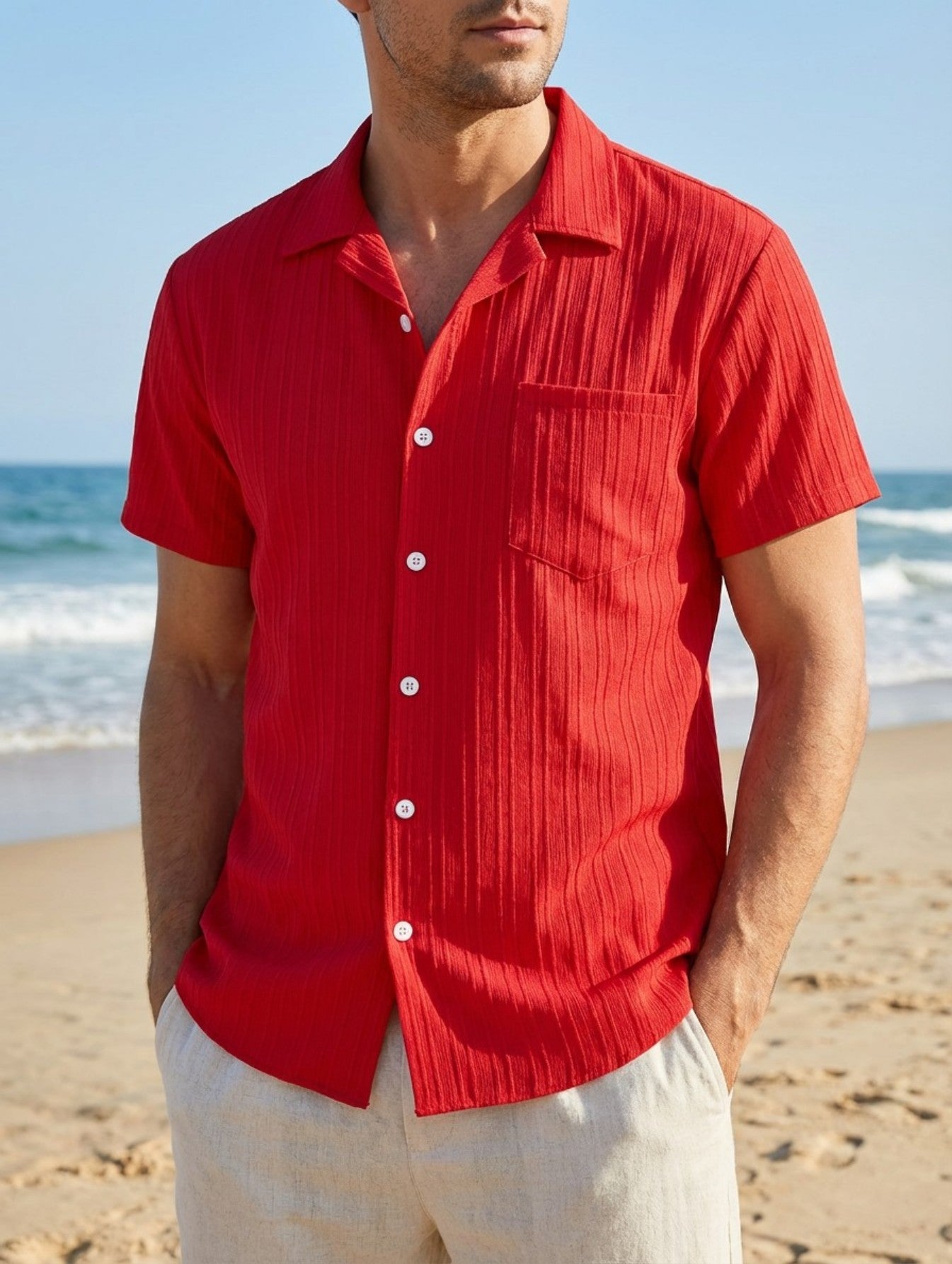 Cross-border Mens Summer Fashion Striped Lapel Beach-fit Casual Shirt Short-sleeve Blouse