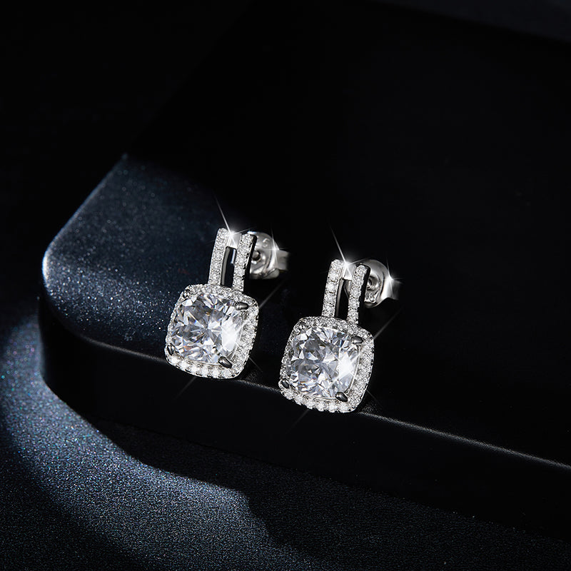 S925 Sterling Silver 7x7mm Cushion Cut Moissanite Stud Earrings  Double Bar Halo Drop Earrings With GRA Certificate Platinum Plated Jewelry Gift Box Set