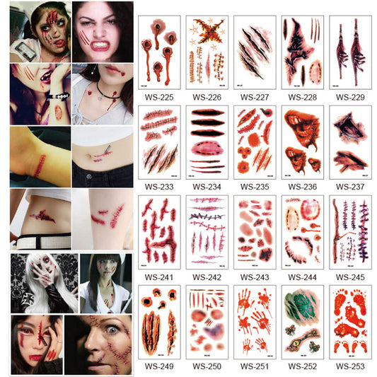 Temporary Scar Tattoos Stickers Realistic Bloody Wound Scab Horror Body Face Decals Prank Props For Halloween Cosplay