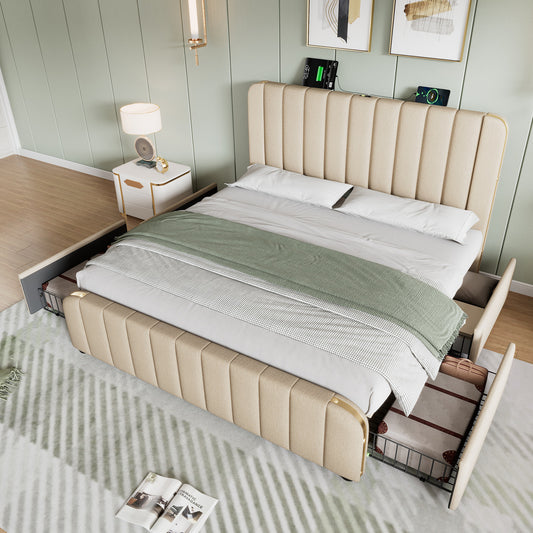 Upholstered Bed Double, Upholstered Headboard With Golden Decorative Stripes And USB Type-C Charging Function 140x200 Cm, Beige Linen Material With 4 Drawers, Load Capacity 181 Kg Without Mattress