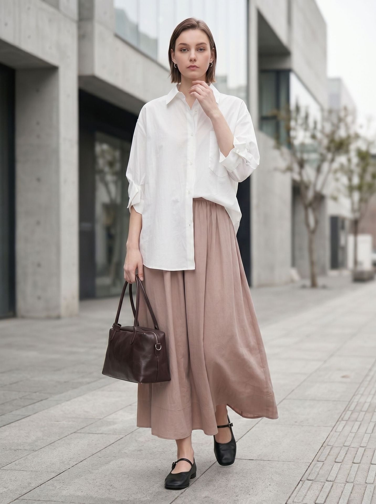 Elastic High-waisted Pleated Midi Skirt With A Flowing Full Hem For Workwear Styling