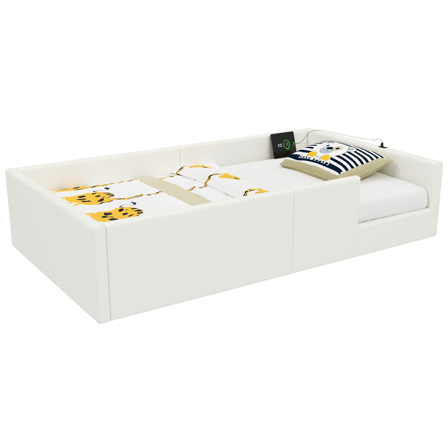 90X200 Upholstered Platform Bed With Guardrail And Charging Dock, White