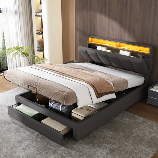 Upholstered Bed With LED Lighting,Hydraulic Storage Bed With Bed Box,Drawers And Storage Compartments,Stowable Headboard Made Of Foam,Double Bed Made Of Steel Frame,Linen,140X200cm,Grey