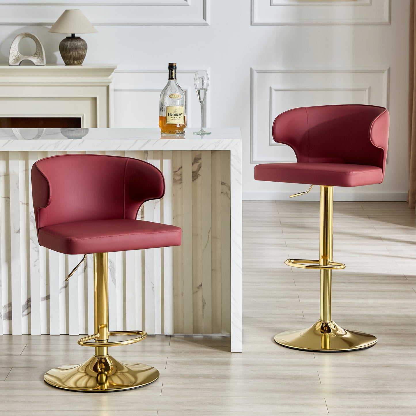 Modern Rotating Adjustable Bar Chair, PU Leather Belt Backrest Swivel Chair, Suitable For Kitchen Bar Counter And Dining Room, Adjustable Height, Capable Of Bearing 300 Pounds  Red -2 Pieces