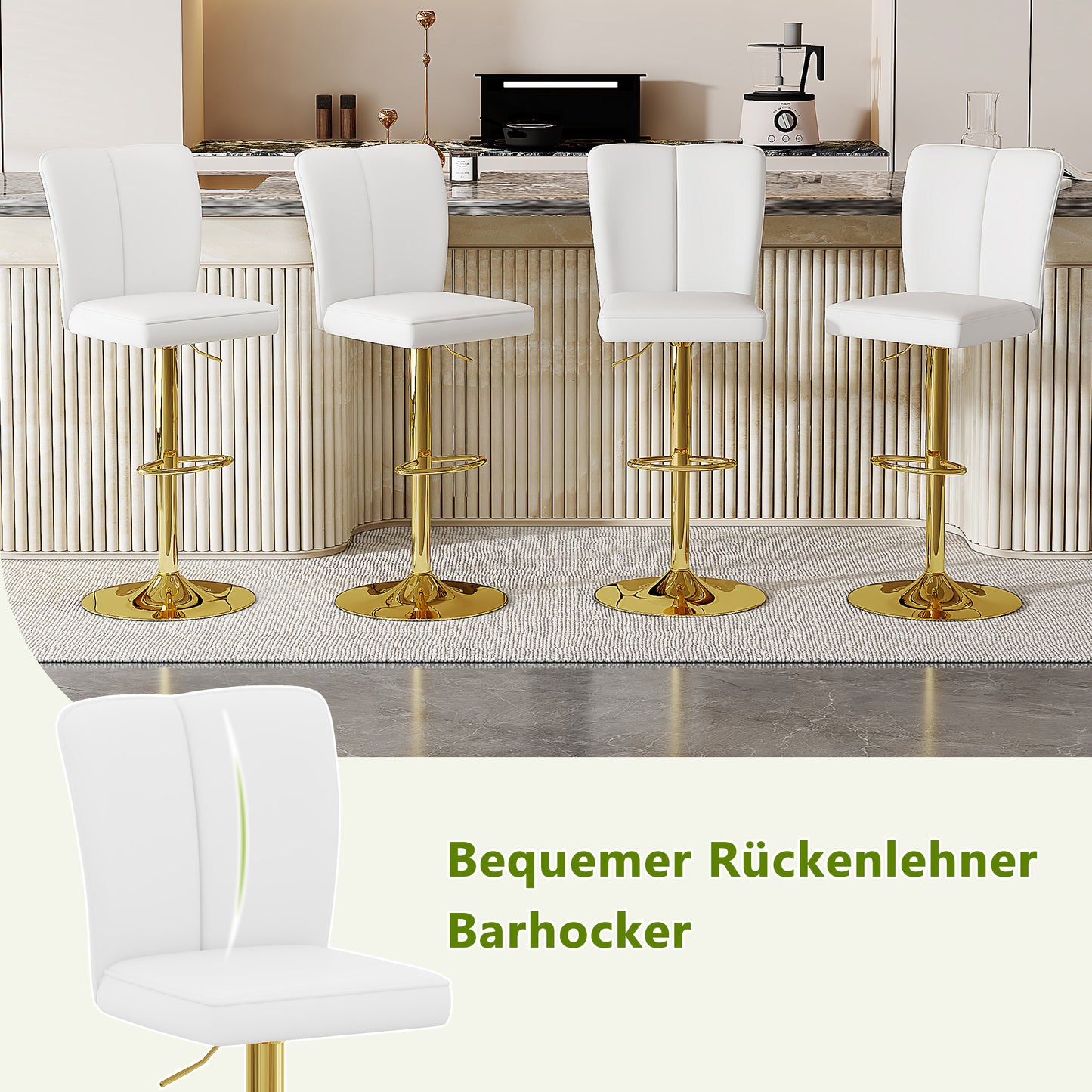 Height-adjustable Bar Stool In A Set Of 2, Can Be Rotated 360 . Luxurious Bar Stool In White And Gold Design Made Of Water-repellent PU Leather, Suitable For Kitchen Islands. Various Colors Available.