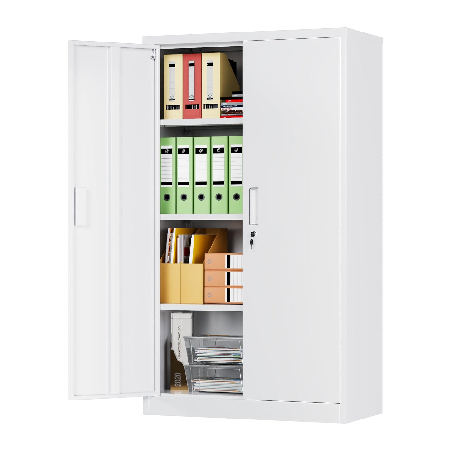 Metal Garage Storage Cabinet, Lockable Steel Storage Cabinet With 3 Adjustable Shelves For Garage, Office, Home, Assembly Required, White
