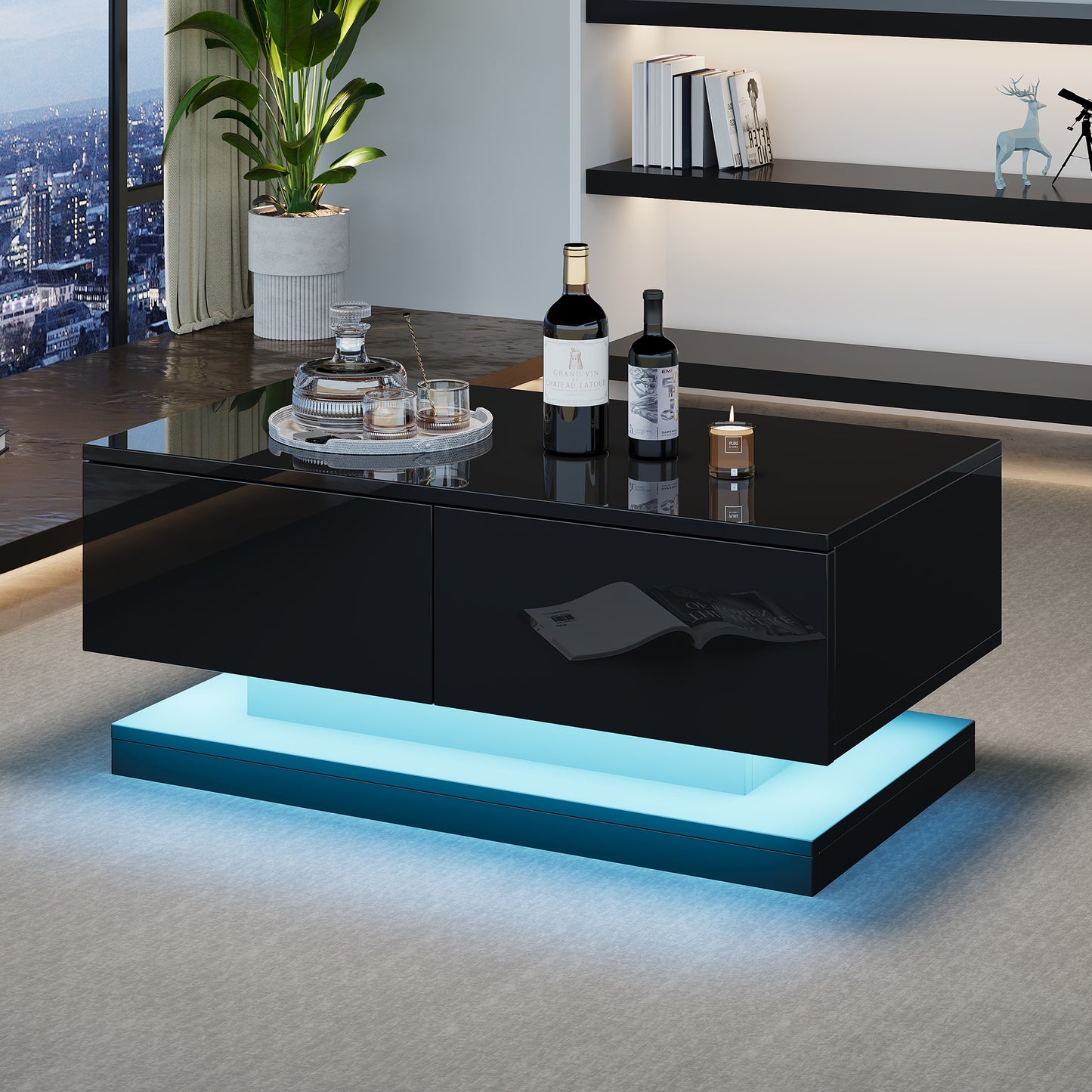 90 X 50 X 38 Cm Black High-gloss Coffee Table With 2 Drawers, Featuring Atmospheric LED Lighting Controlled Via A Mobile App.