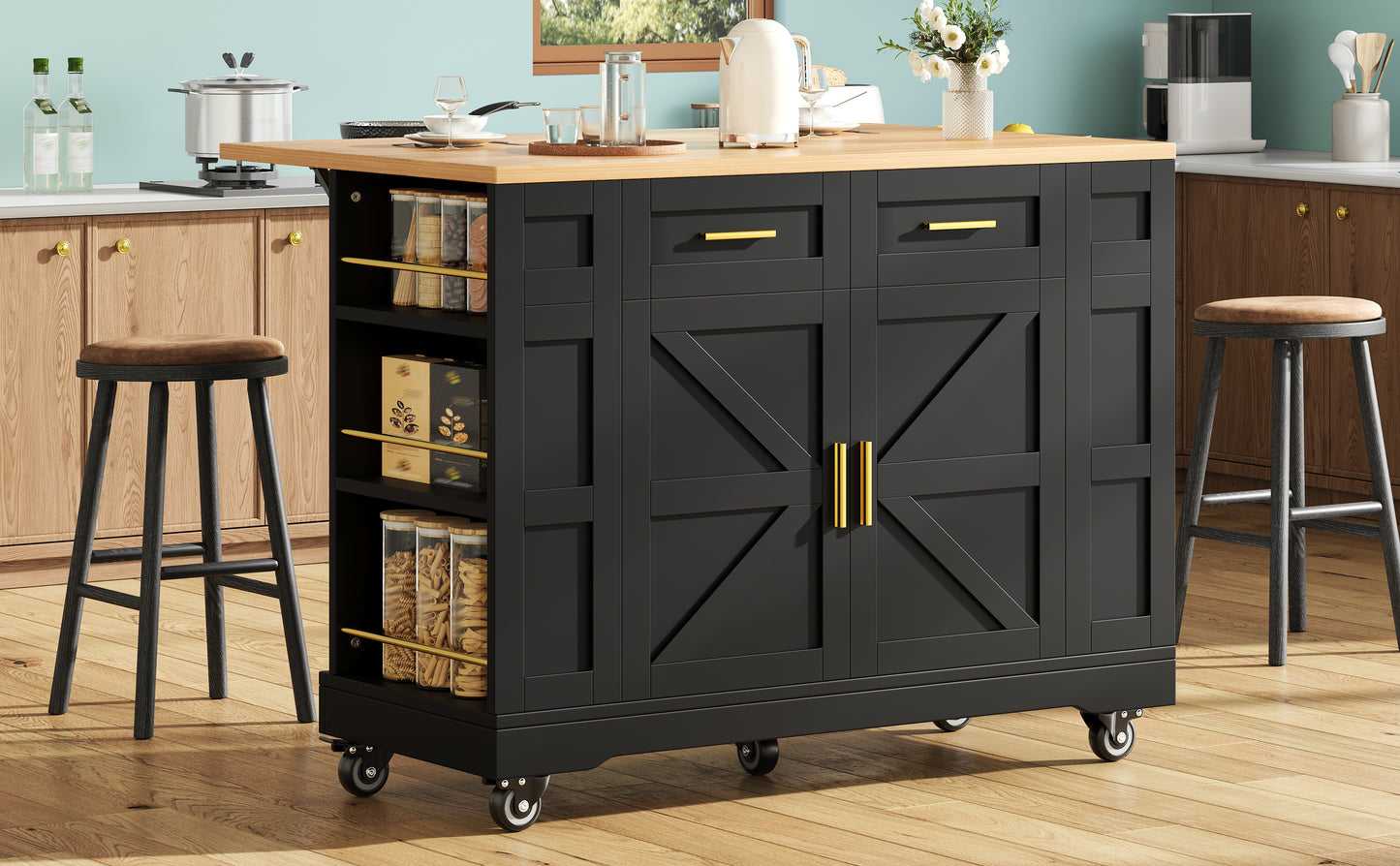 Modern Kitchen Island, Kitchen Cabinet, Buffet Cabinet, Wooden Grain Dining Cart, Buffet Cabinet, Multifunctional Dining Table With Storage Space, Dining Cart With Stretch Function Cabinets, Black