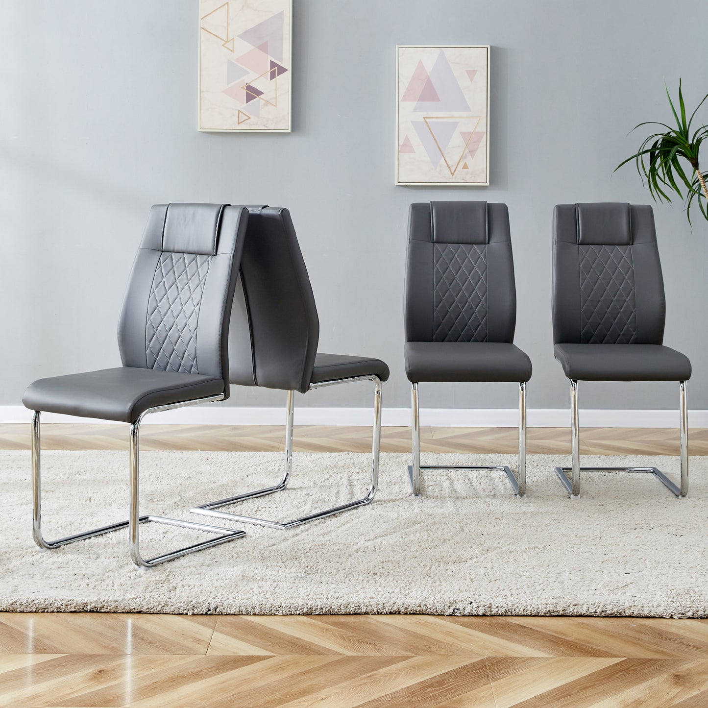 Modern Dining Chairs With Faux Leather Padded Seat Dining Living Room Chairs Upholstered Chair With Metal Legs Design For Kitchen, Living, Bedroom, Dining Room Side Chairs Set Of 4  Grey PU C-001
