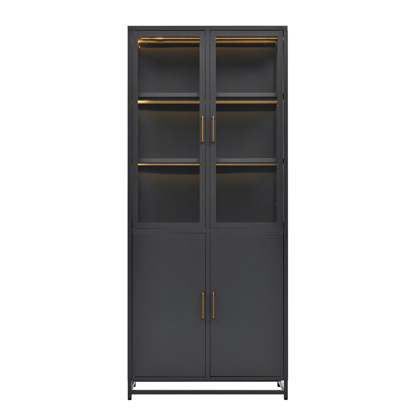76.75  Tall Display Cabinet, With Glass Doors And LED Lights, Steel Curio Cabinet With 3-Sided Glass, Pantry Cabinet With Storage For Hallways, Livingroom Kitchen Home Decor & Office - Black