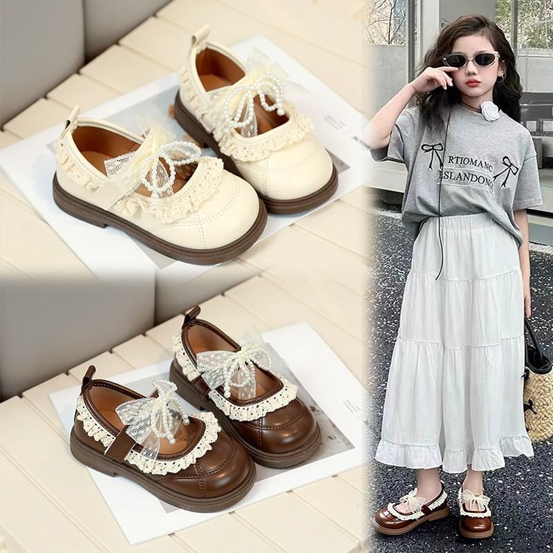 2026 Spring New Korean Style Girls Leather Shoes, Fashion Kids Princess Shoes With Bow, Lace & Pearl Trim For Little Girls