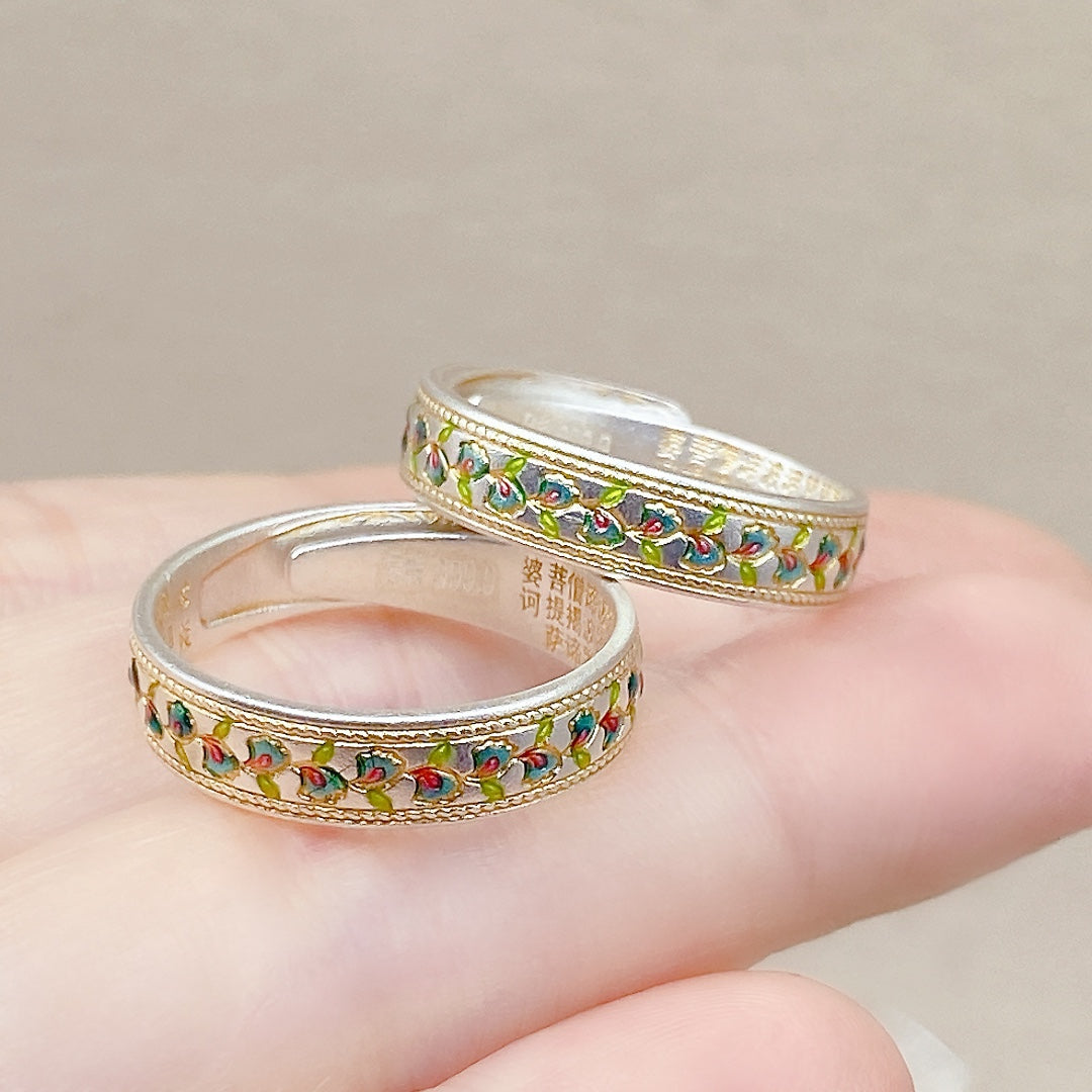 1pcs 999.9 Sterling Silver Gold-Plated Enamel Floral Ring, Luxury Retro Style, Ideal For Birthdays & Holiday Gifts