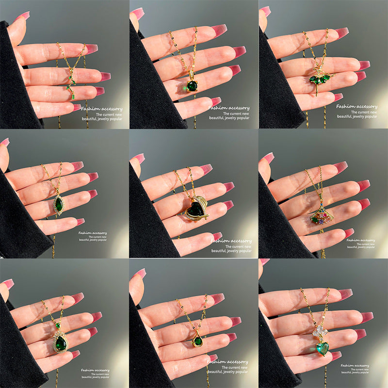 Green Glass Stainless Steel Necklace, Versatile And High-End Women's Accessory, Stylish And Simple Clavicle Chain Jewelry