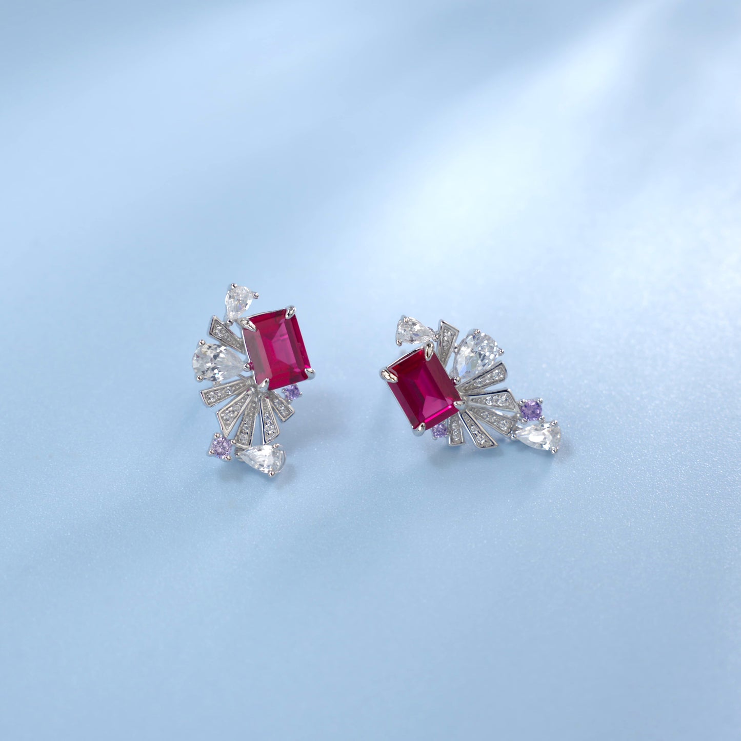 S925 Sterling Silver Art Deco Fan Drop Earrings, 8x6mm Lab-Grown Ruby Emerald Paraiba & Blue Diamond, Platinum Plated 5g Women's Fine Jewelry Gift Box