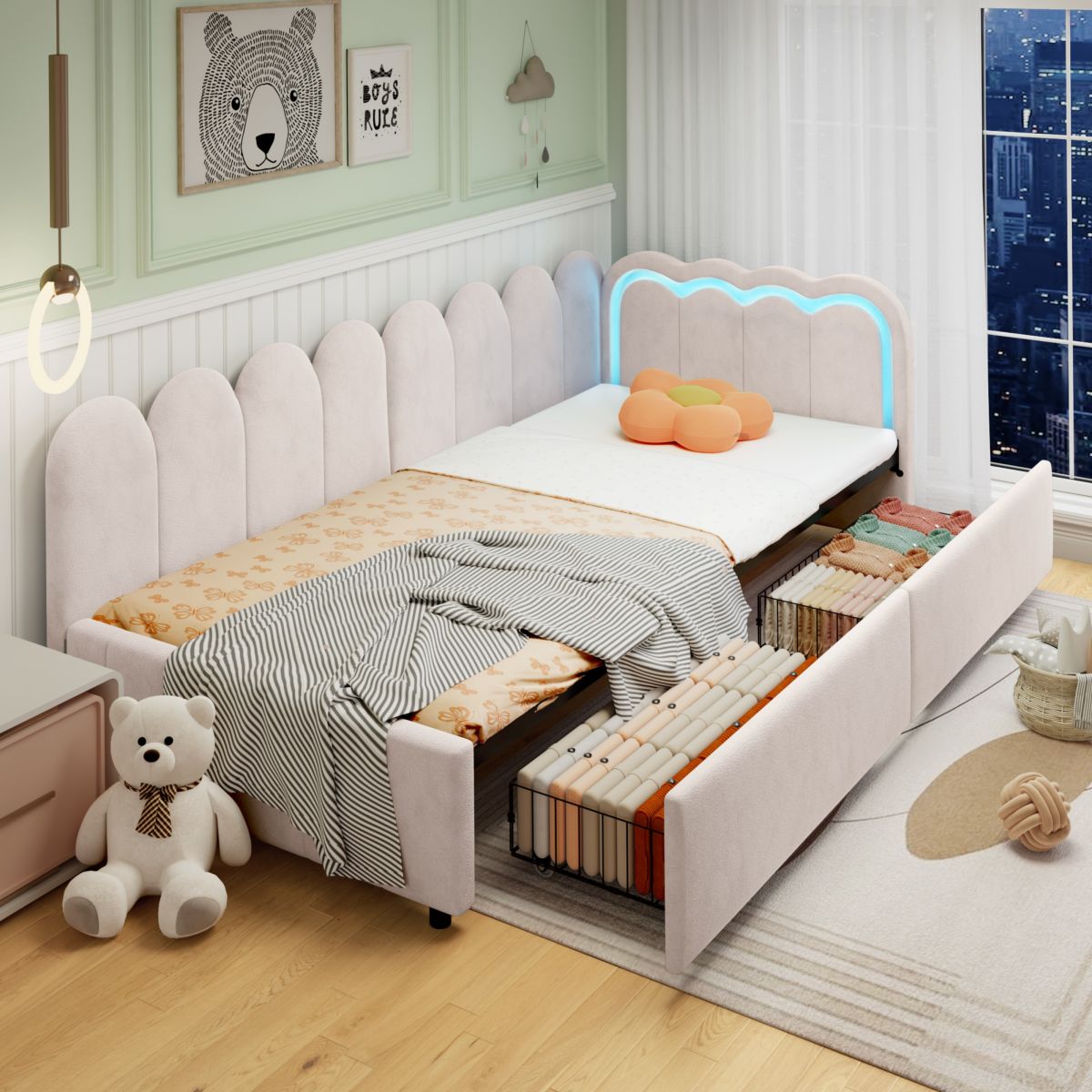 3ft Single Daybed With Smart RGB LED Lights And 2 Storage Drawers, Modern Velvet Youth Bed With Scalloped Backrest And Wooden Slats, Reversible Side Panel, Easy Assembly, Beige  No Mattress