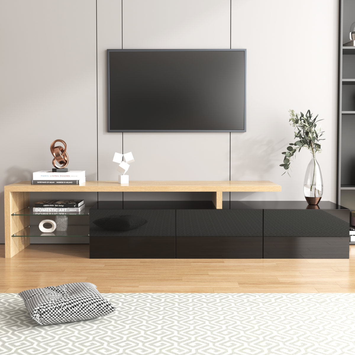 Modern TV Cabinet Design Stylish Elegance, Practical Storage, High-gloss Black, Wood-effect Finish, Glass Shelves, LED Lighting.