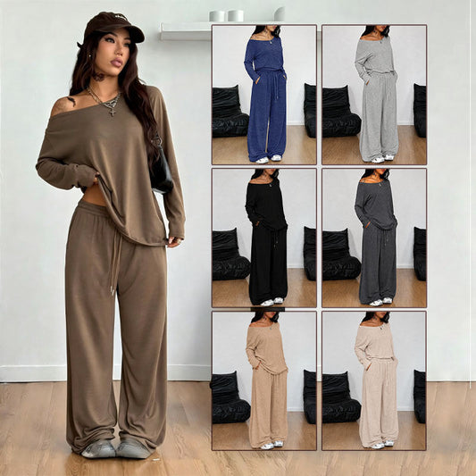 2 Pieces Set Women's Long Sleeve Solid Color T-Shirt Tees Spring Fall Trendy Casual Top Wide Leg Pants Set For Daily Wear Holiday Outfit