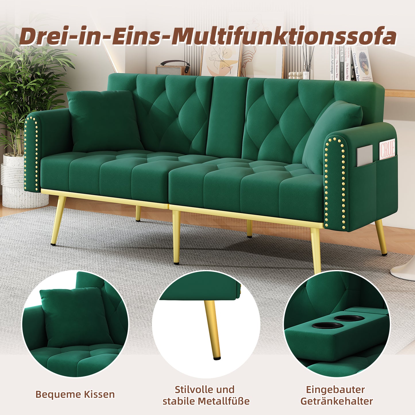 Double Fold Out Sofa Bed With Reclining Function, Three Adjustable Tilt Angles And Cup Holder. Suitable For Living Room, Bedroom, Home Theater Or Guest Room. Fabric Cover. Green