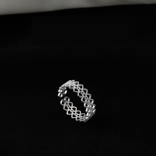 1pc 999 Sterling Silver Hollow Lace Zircon Open Ring, Delicate & Elegant Style, Perfect For Daily, Dating & Gifting, Ideal Valentine's Gift