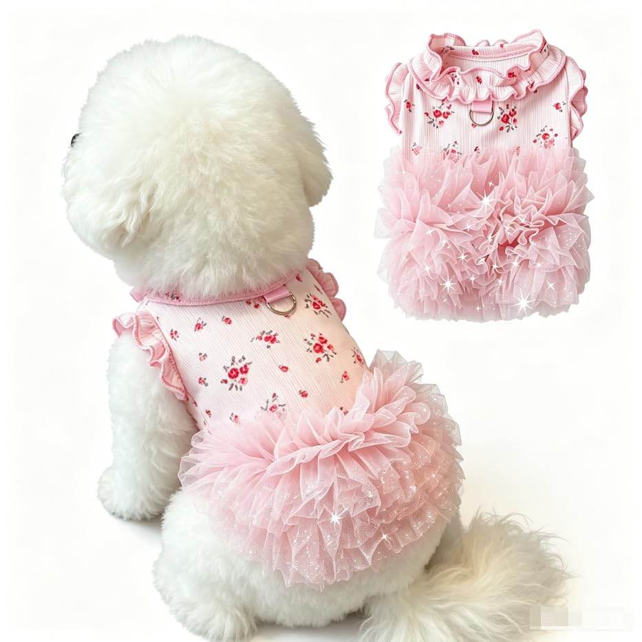 Dog Dresses For Small Dogs Girl,Floral Dog Tutu Dress,Pet Clothes For Puppy Small Cats Cute Dog Princess Skirt For Female Pet Birthday Party Outfit