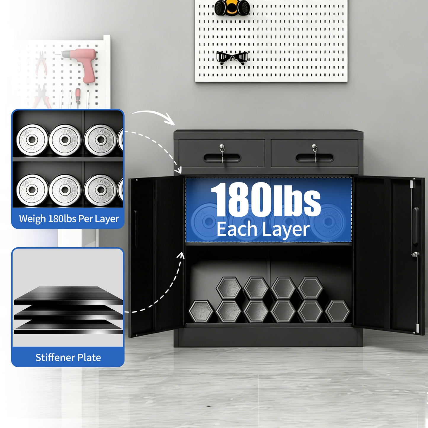 Metal Storage Cabinet With Lock And Two Drawers, 2-Door Office Storage Cabinet With 1 Adjustable Shelves, Heavy Duty Steel File Cabinet For Home, Office, Garage, School  Black, 35.5 H
