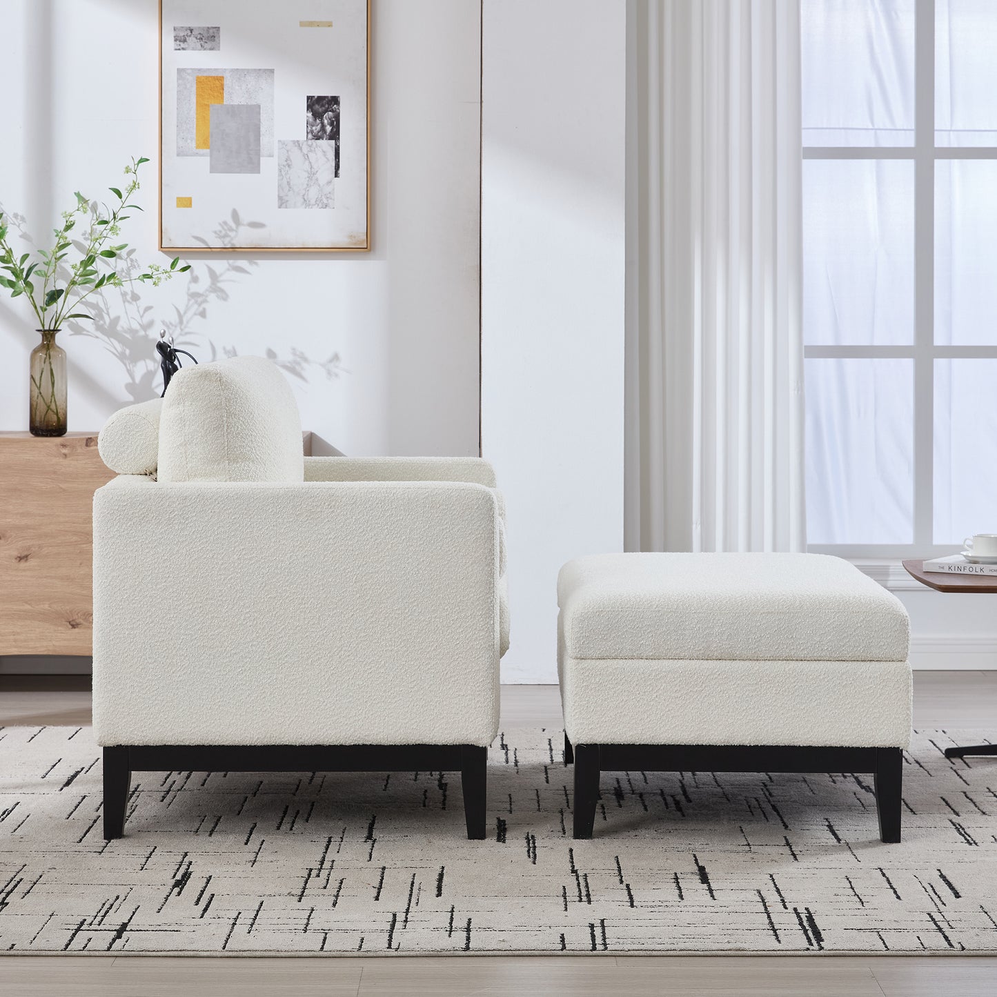 35.4  Wide Farmhouse Performance Upholstered Wood Base Square Accent Arm Chair With Ottoman Black Finish Legs With Reversible Lid Coffee Table For Living Room Office And Lounge, Ivory Boucle.