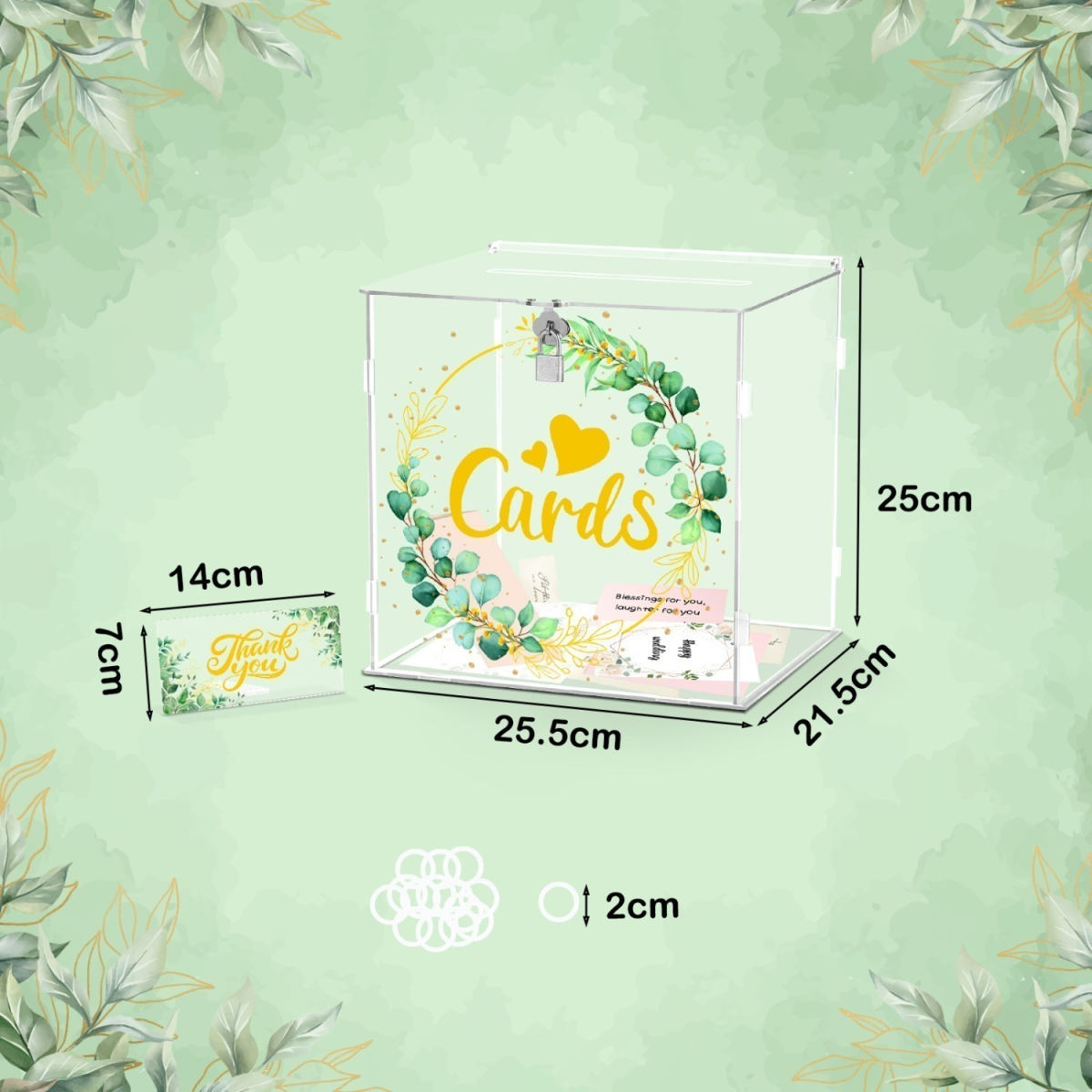 Acrylic Wedding Card Box With Leaf Embellishment – Transparent Greeting Card Box For Cash Gifts And Wedding Cards – Elegant Decorative Box For The Wedding Reception Table—Craft Supplies