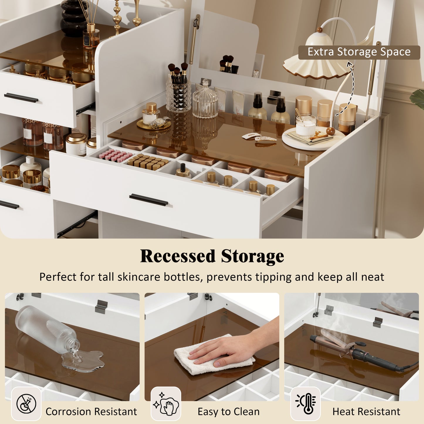 3-in-1 Vanity Desk With Flip Top Mirror, Glass Top Compact Makeup Vanity & Hidden Storage, Vanity Table With 3 Drawers And Cabinet, Space-Saving Dressing Tablefor Bedroom, White