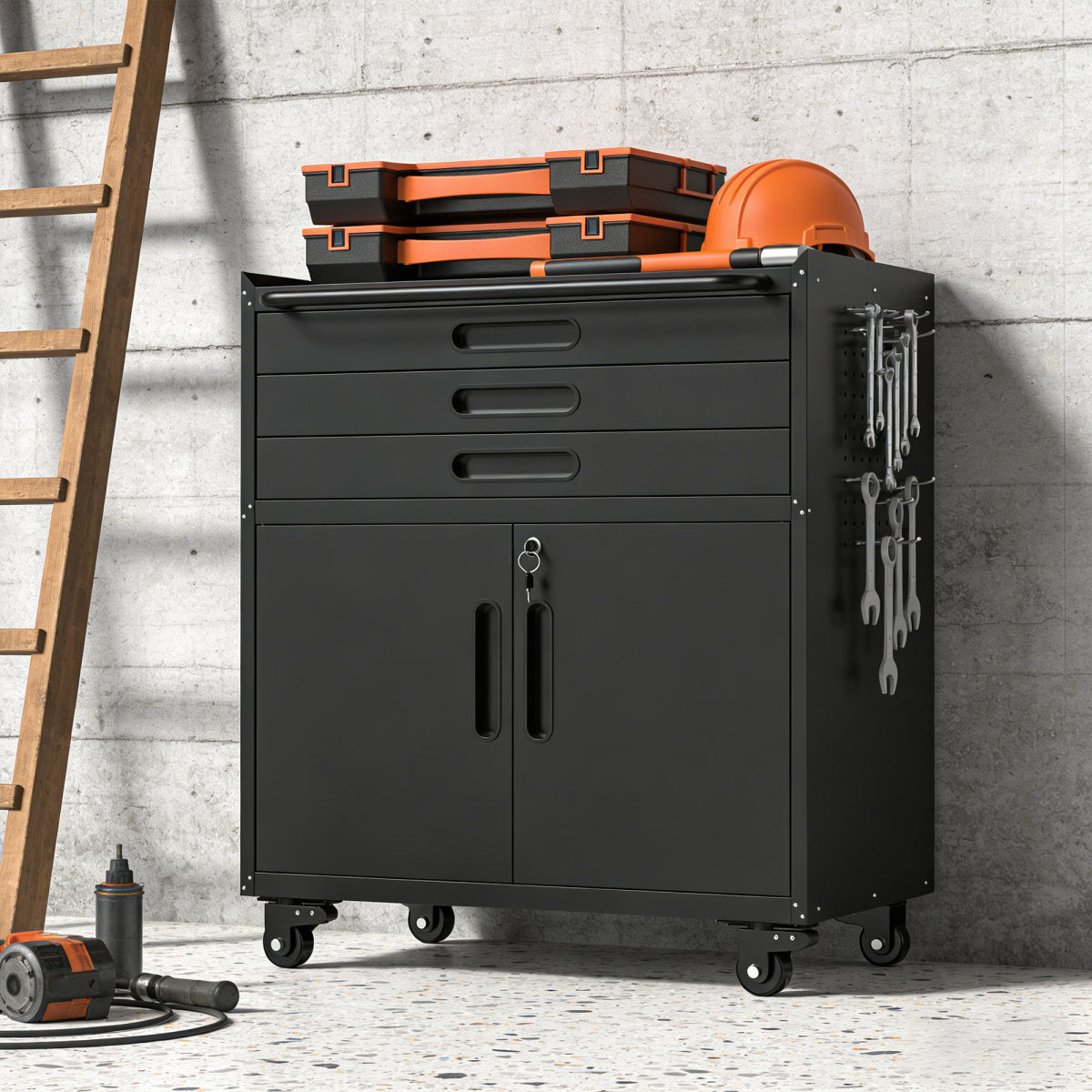 34.3 Rolling Metal Tool Cabinet - Heavy Duty Garage Storage With Lockable Doors & 3 Drawers, Mobile Workbench Organizer For Garage, Workshop, Home