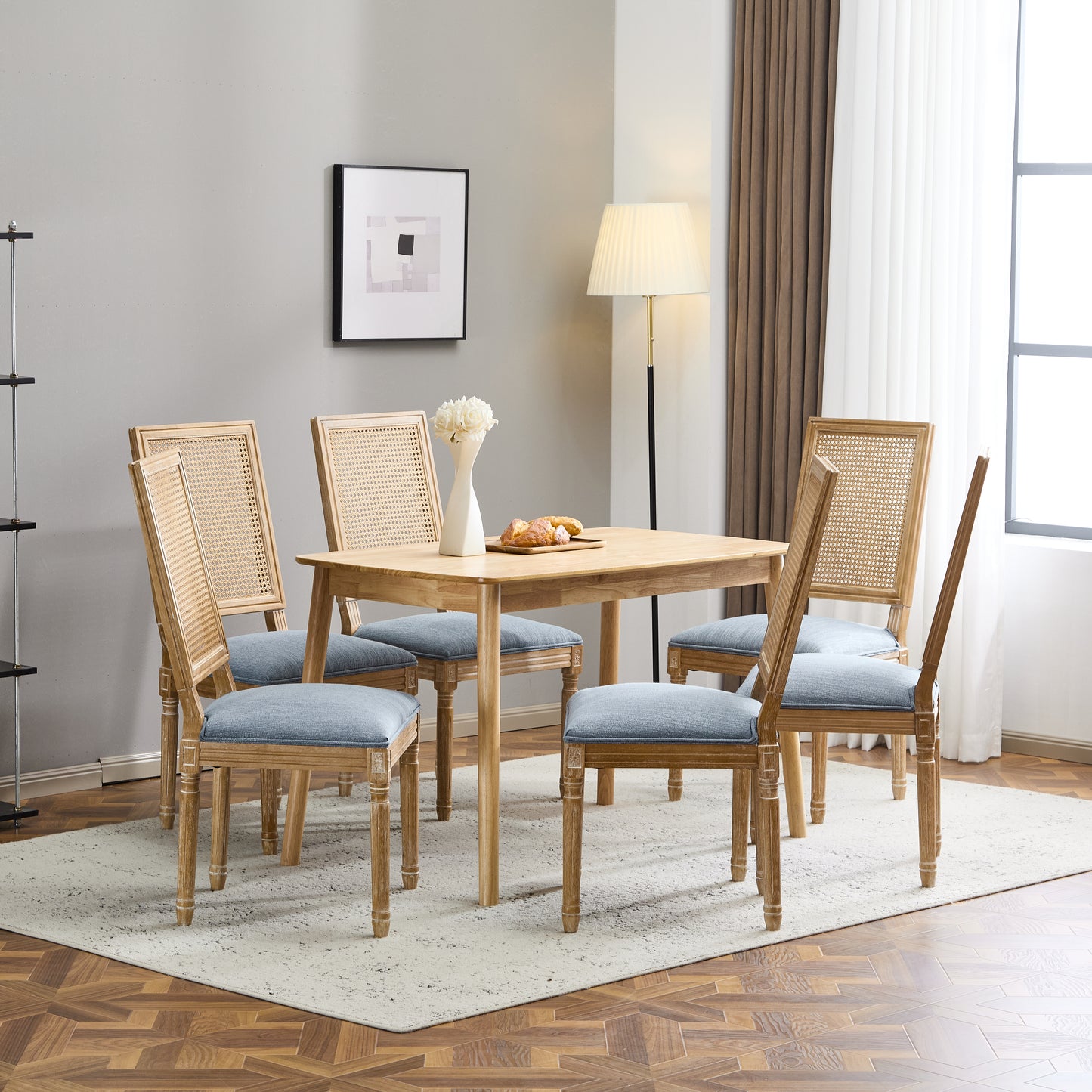 Set Of 6  French Country Dining Chairs - Elegant Cane Backrest & Upholstered Seats With Fluted Legs - Rustic Weathered Finish - Solid Rubberwood Frame - Vintage Inspired Kitchen & Dining Room Chairs