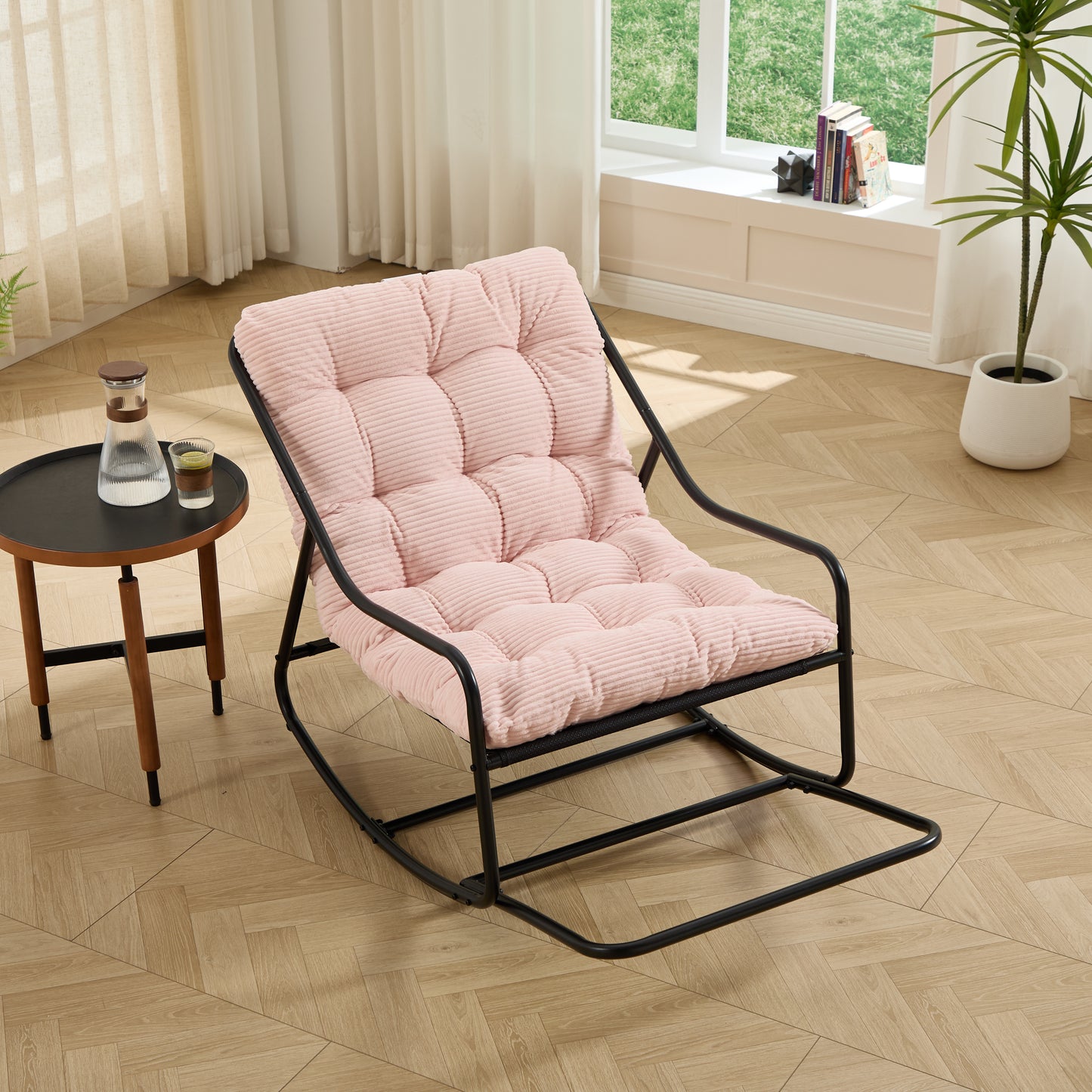 Outdoor Rocking Chair, Comfy Cushion, With Soft Thick Cushion,for Living Room, Bedroom, Reading Room, Black Frame With   Cushion