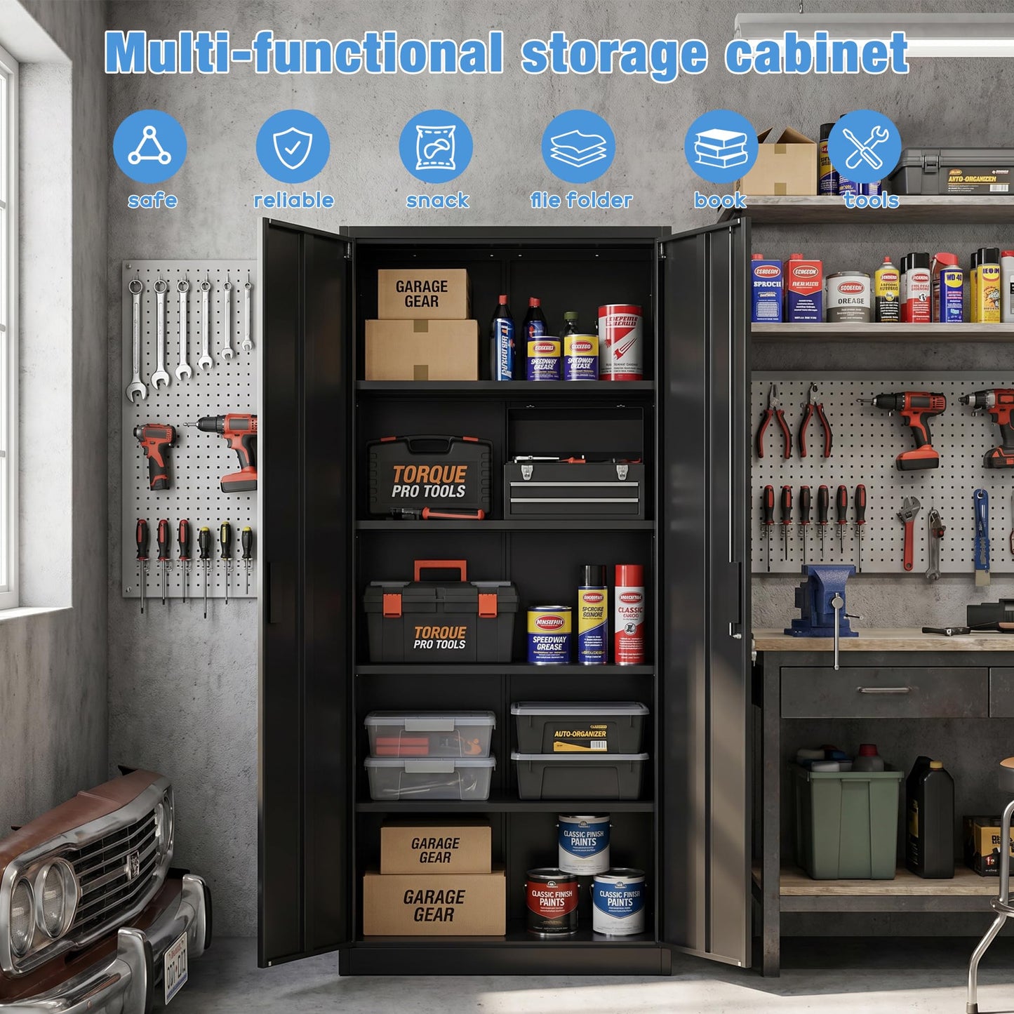 Metal Garage Storage Cabinet, Lockable Steel Storage Cabinet With 4 Adjustable Shelves For Garage, Office, Home, Assembly Required, Black