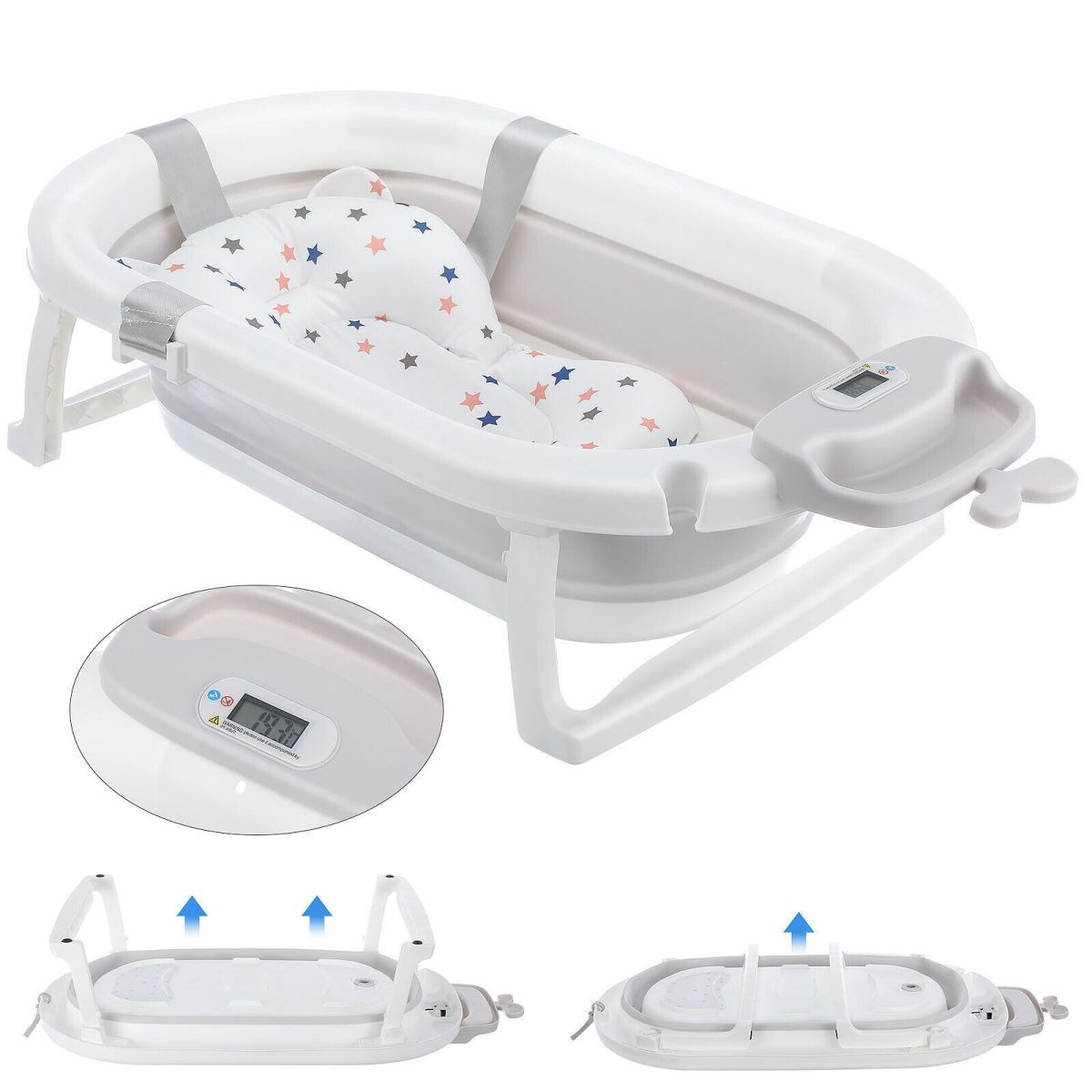 Foldable Baby Bath Tub Ergonomic With Temperature & Cushion Bath Pad And Bath Net
