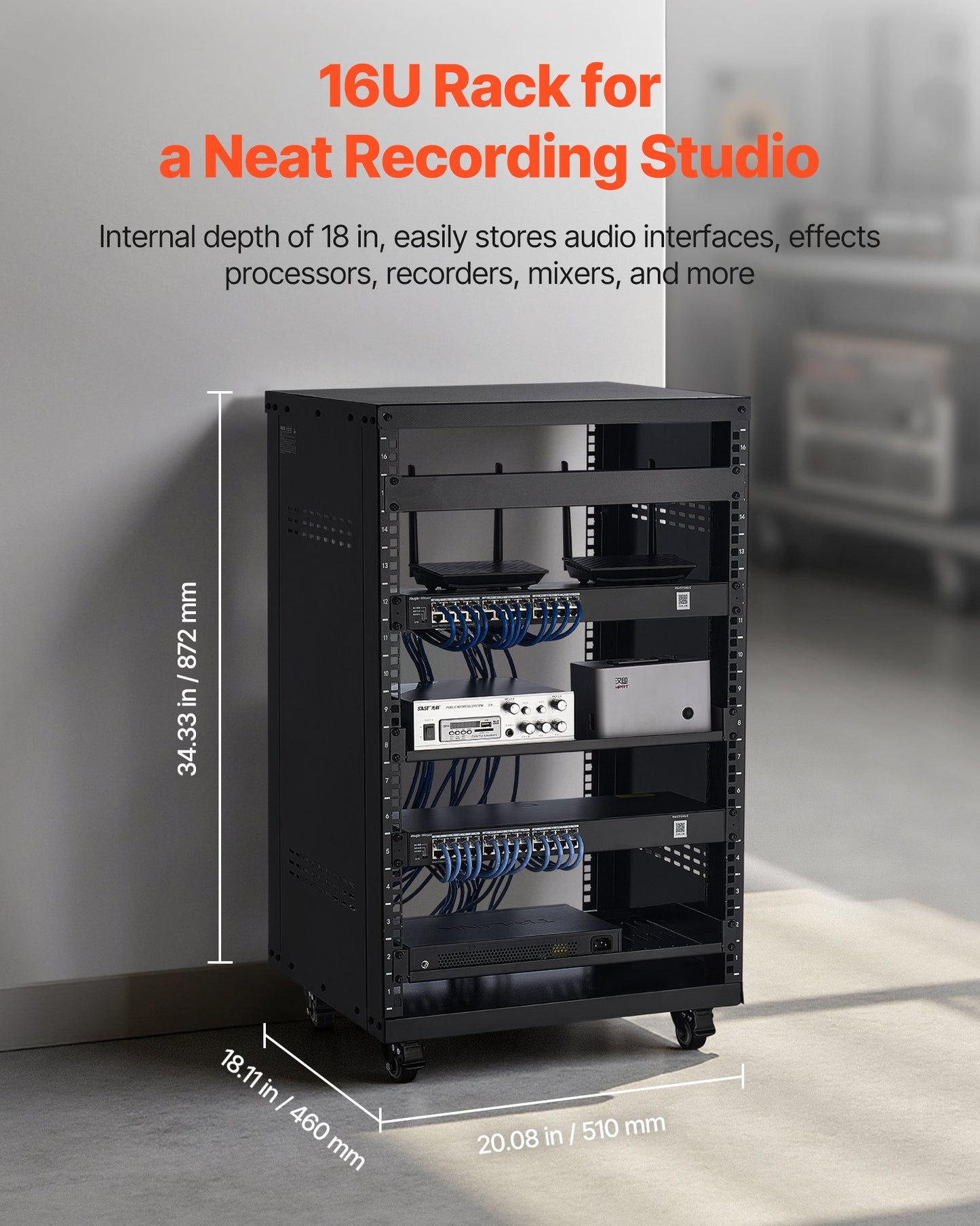 16U AV Rack, 200 Lbs Max Capacity, Home Recording Studio Rack With Lockable Caster Wheels, Open Frame Server Cabinet, Special Vent Design, For 19-Inch Audio Video Musical & IT Equipment Mounting