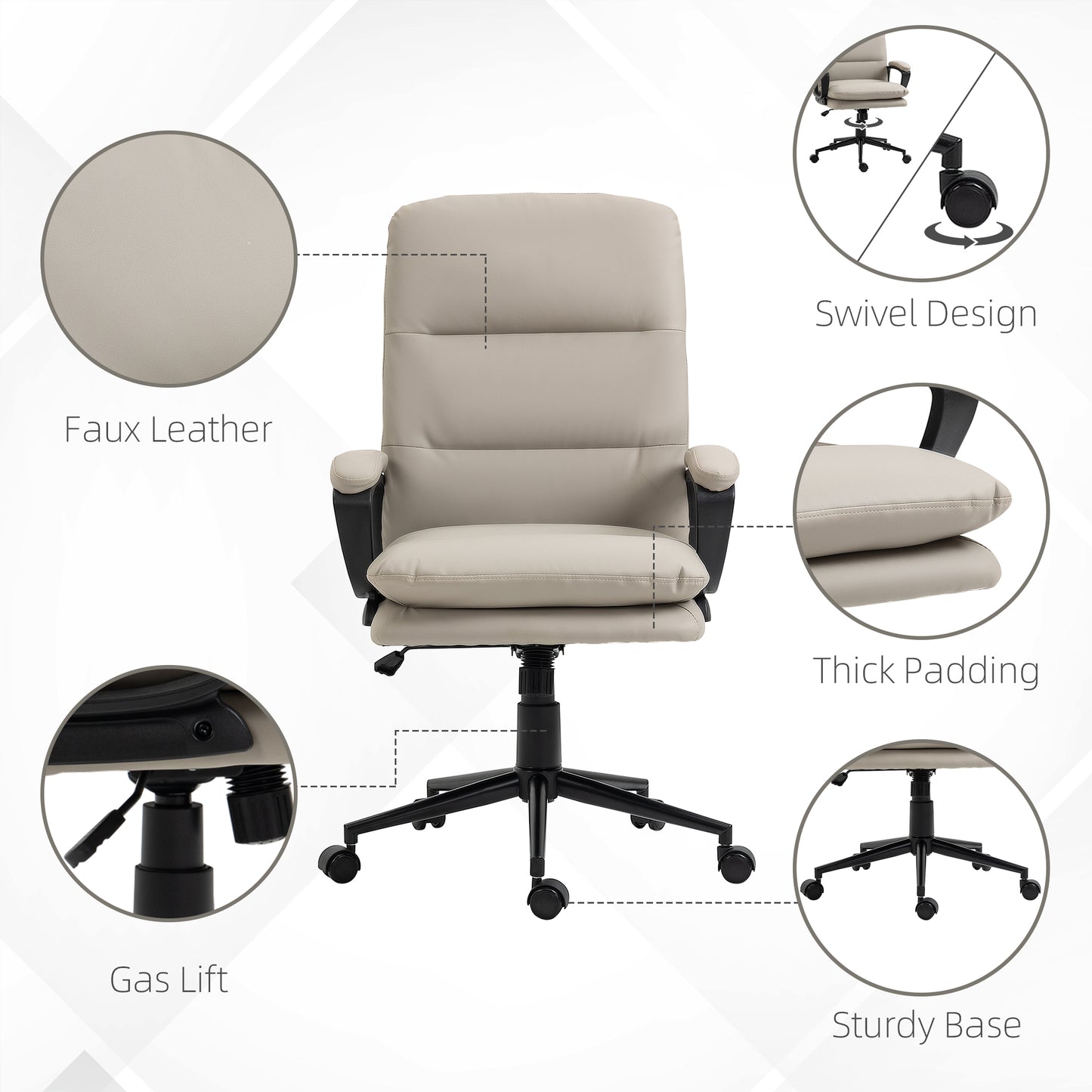 Vinsetto Office Chair, PU Leather Computer Desk Chair Office Chair With Adjustable Height And Swivel Rolling Wheels For Work Study, Light Grey