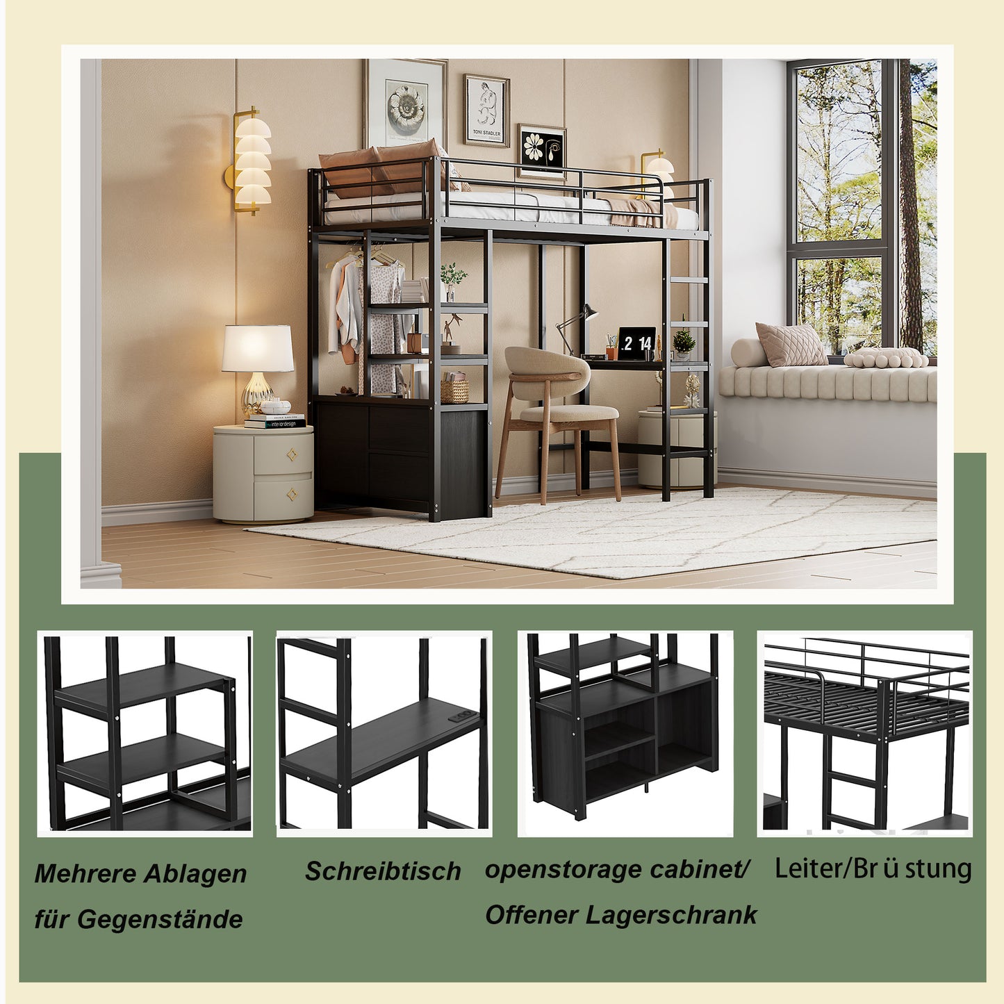 Loft Bed, 90x200cm , Without Mattress, Bed With Desk, With Socket And USB, Multiple Shelves, Open Storage Cupboard, Railing, Ladder, Iron Frame, Black