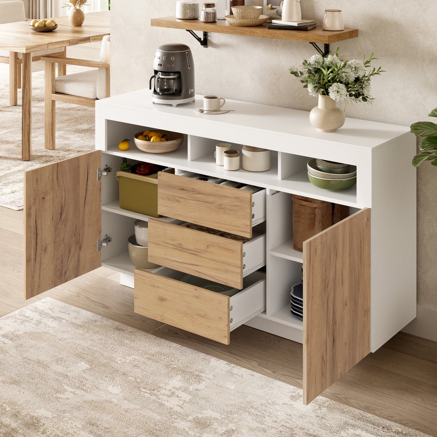 Modern Style Sideboard - Storage Cabinet With 3 Drawers And 2 Doors, Suitable For Living Room, Hallway Or Kitchen, Natural Wood Look - White, Dimensions  W-D-H  140 X 40X 85 Cm