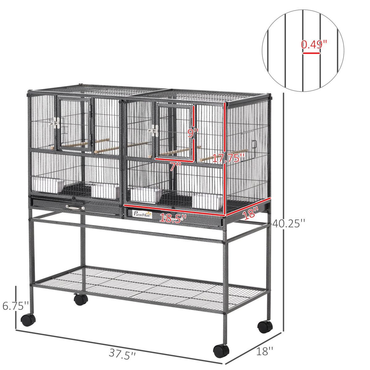 Divided Breeder Bird Cage with Rolling Stand Removable Metal Tray, Storage Shelf, Wood Perch, and Food Container
