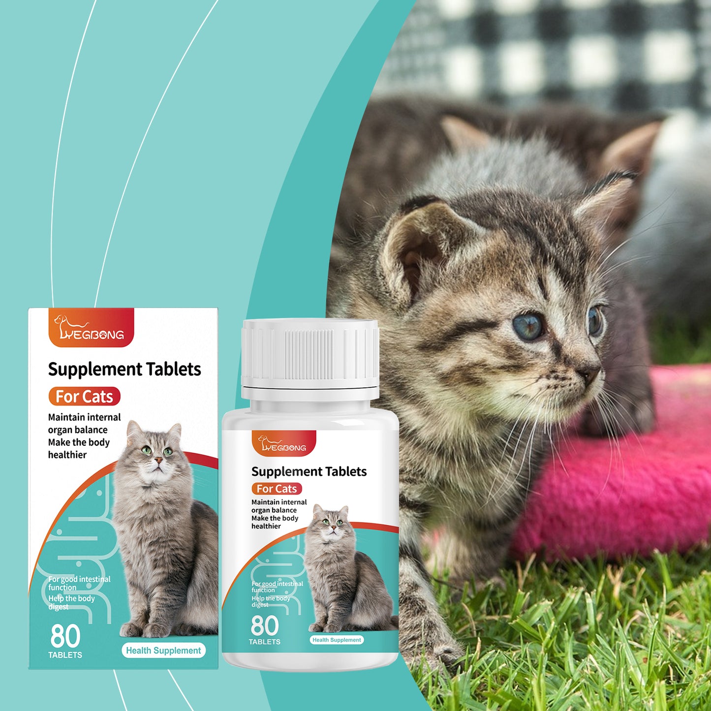 Cat Probiotic Supplement Tablets, Gut & Digestive Health Support With Vitamin B2 & Selenium, Immune, Skin & Vision Care, 80 Tablets