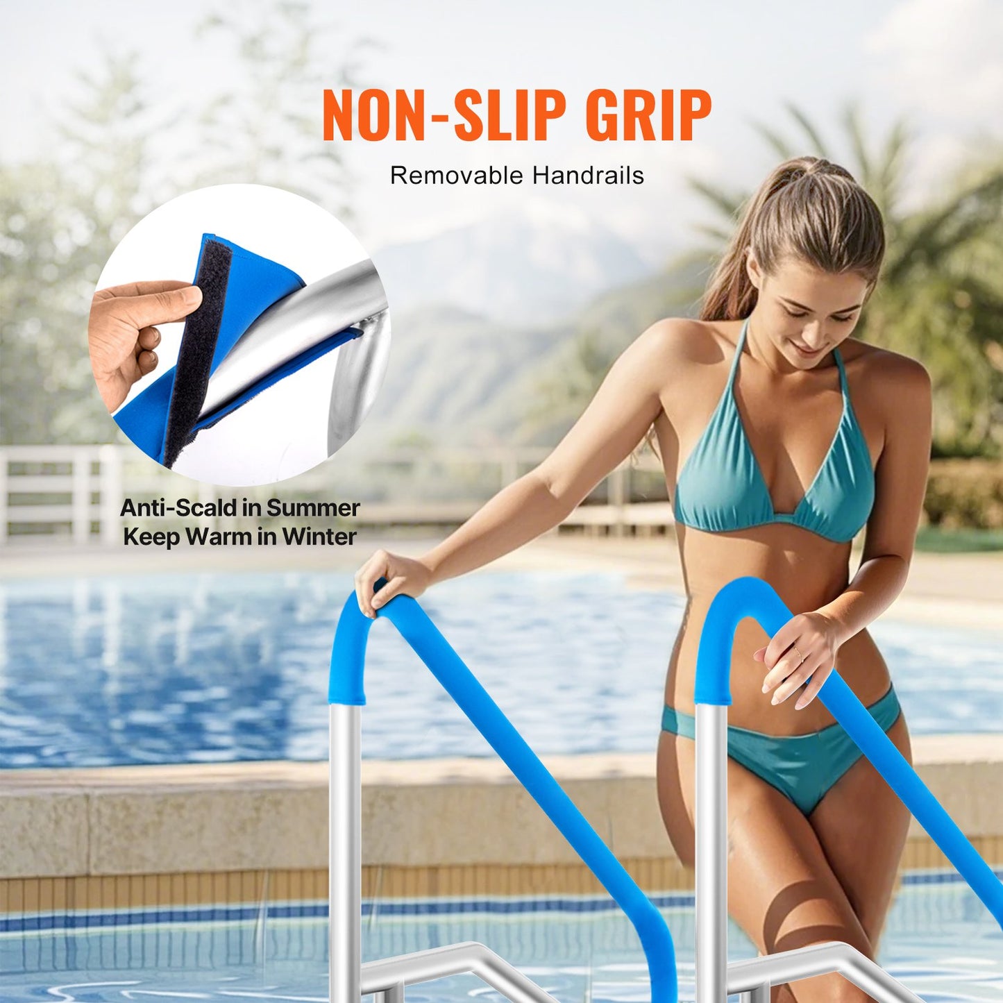 Pool Handrail, 2 PCS 55 X 32 Inch Railing, Stainless Steel With Base Plate For Indoor/Outdoor, Rust-Proof Grab Bar W/Grip Cover&Accessories For Decks/Spas