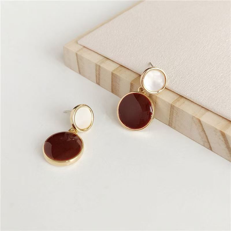 High-End Natural Shell Stud Earrings, Enamel Dangle Earrings For Women, Korean Cold Minimalist Personalized Hong Kong Retro Style Elegant Drop Ear Jewelry